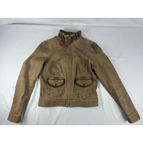 Ralph Lauren Jacket Women 6 Olive Brown Cargo Moto Utility Canvas Brown Leather - Picture 1 of 9